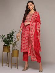 Women Silk Blend Pink Printed Straight Kurta Pant With Dupatta VKSKD1977