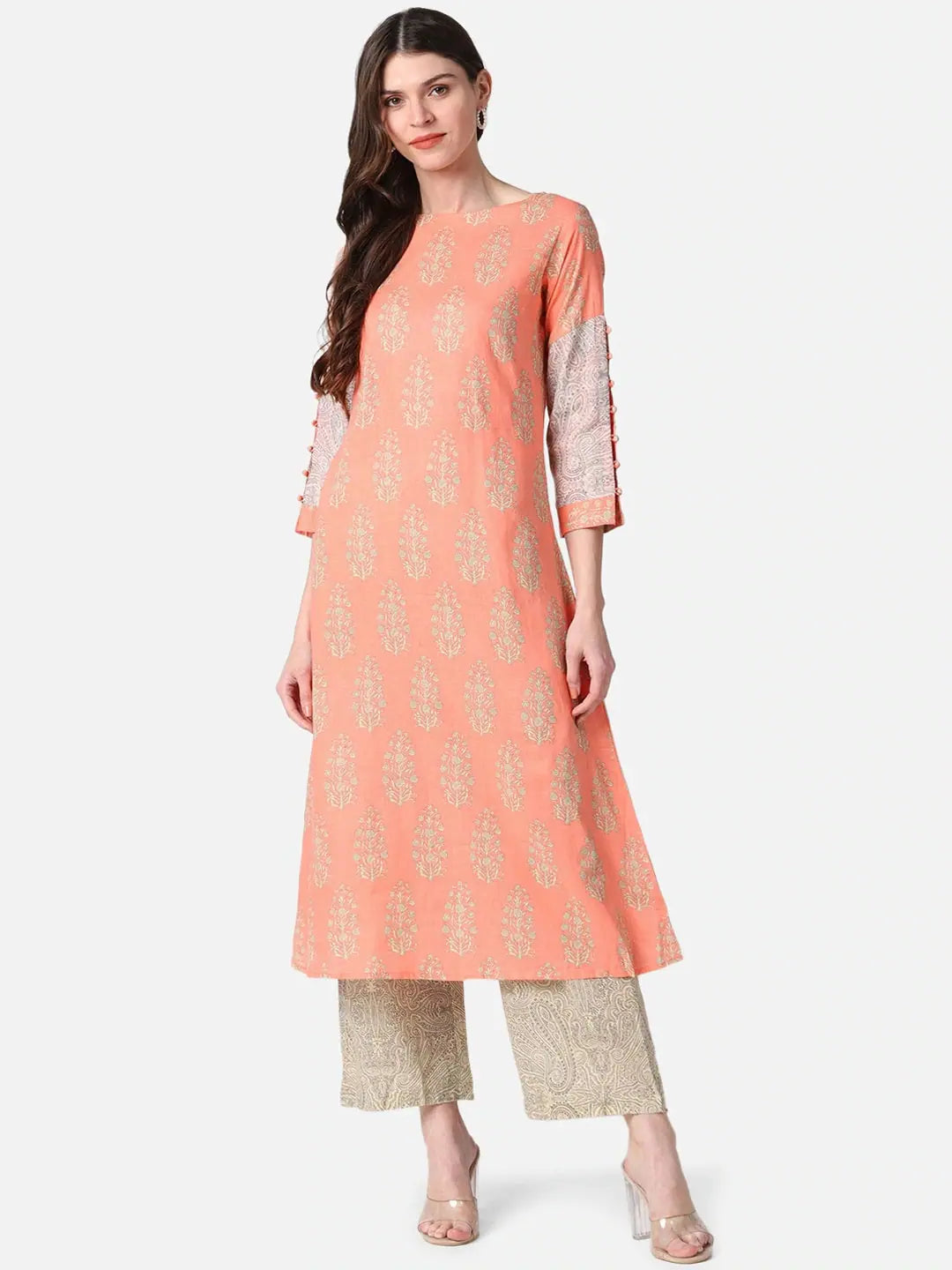Peach Printed Cotton Kurta Palazzo Set | Casual Women's Fashion