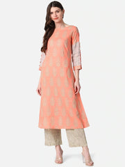 Women Peach Printed Striaght Kurta with Palazzos