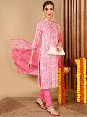 Women Pink Pure Cotton Ethnic Motifs Printed Embroidered Kurta Trouser With Dupatta
