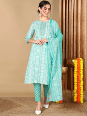 Women Turquoise Blue Pure Cotton Ethnic Motifs Printed Embroidered Kurta Trouser With Dupatta