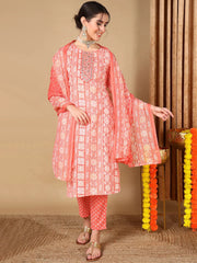 Women Peach Pure Cotton Ethnic Motifs Printed Embroidered Kurta Trouser With Dupatta