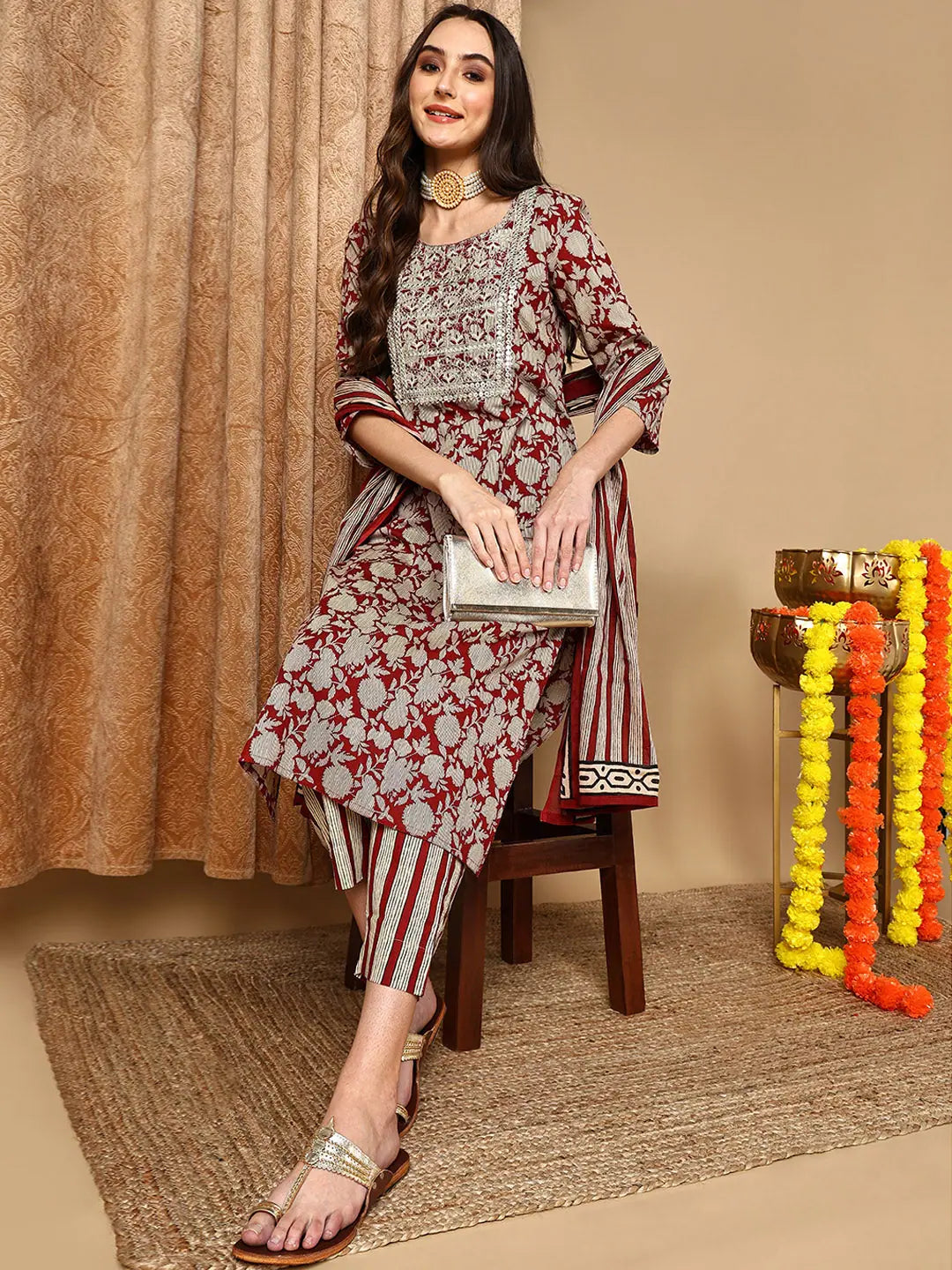 Maroon Embroidered Cotton Suit Set - Indian Designer Kurta Sets