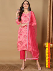 Women Pink Viscose Rayon Geometric Printed Straight Kurta Trouser With Dupatta-VKSKD1990A