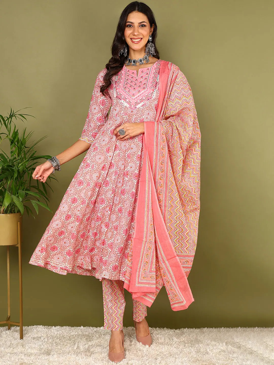 Women Pink Pure Cotton Floral Printed Yoke Design Kurta Trouser With Dupatta-VKSKD2034