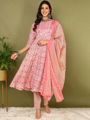 Women Pink Pure Cotton Floral Printed Yoke Design Kurta Trouser With Dupatta-VKSKD2034
