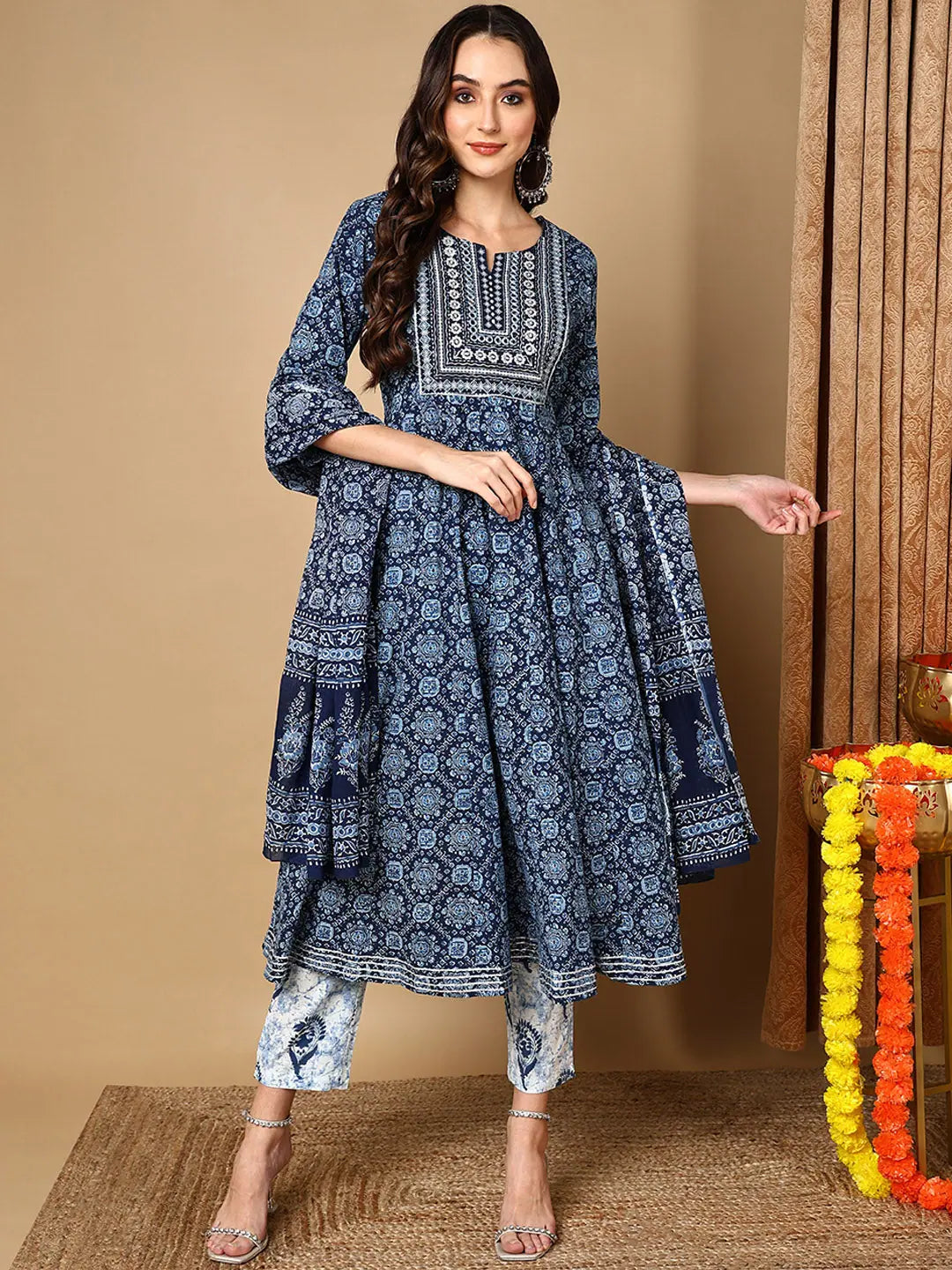 Cotton Anarkali Kurta Set - Ethnic Yoke Design for Women