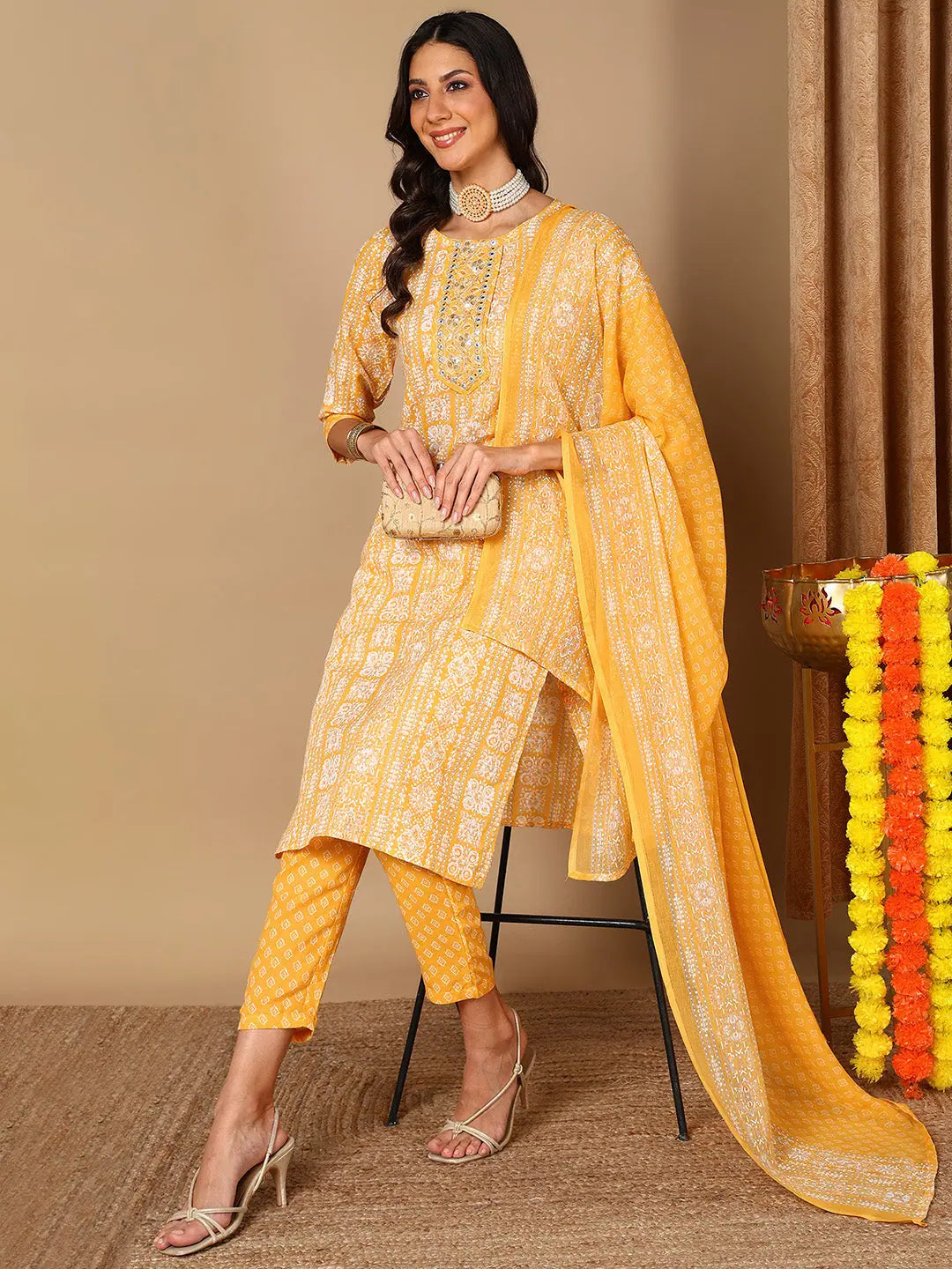 Women Yellow Pure Cotton Ethnic Motifs Printed Embroidered Kurta Trouser With Dupatta