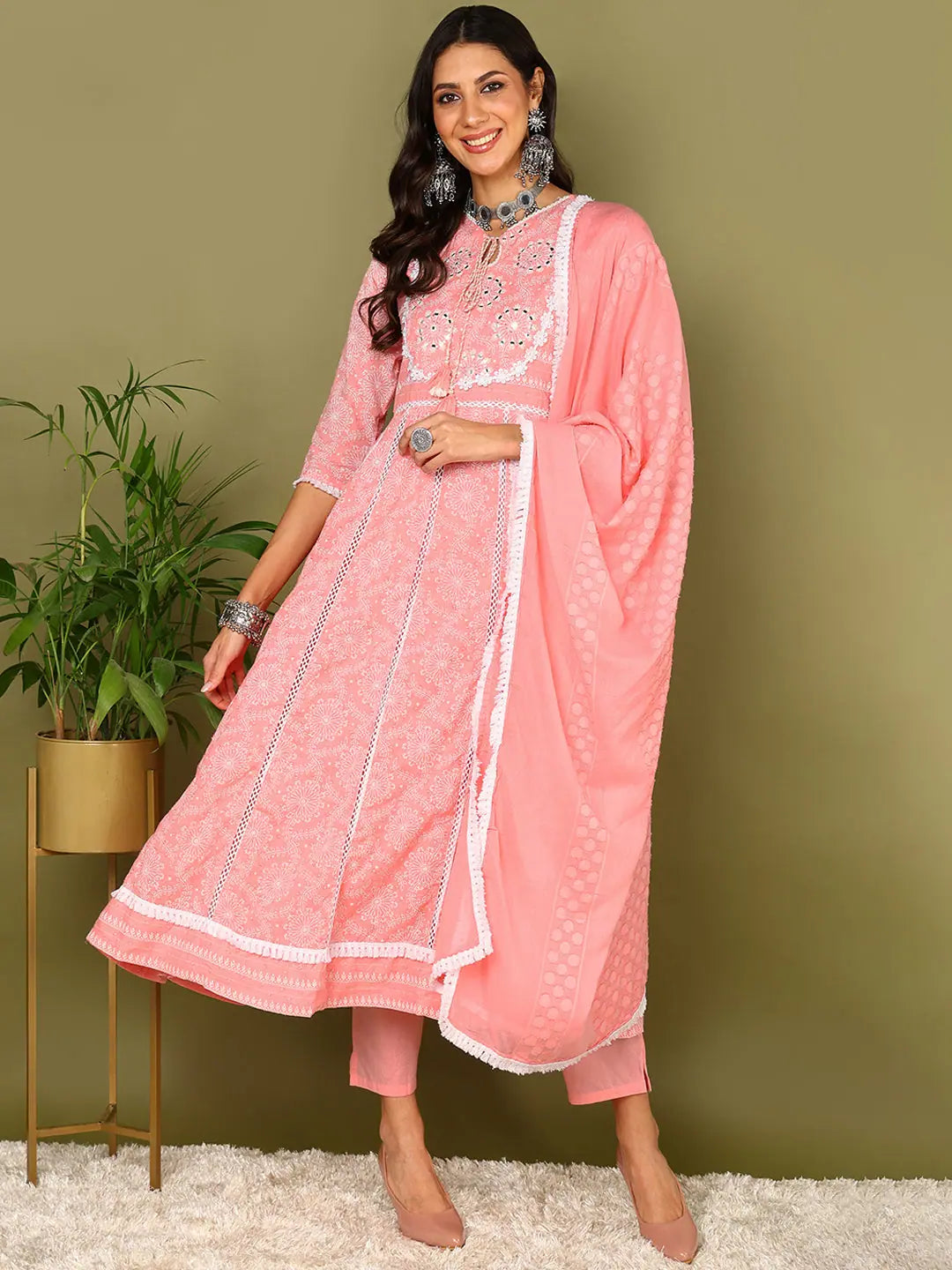 Women Pink Pure Cotton Solid Yoke Design Trouser with Dupatta