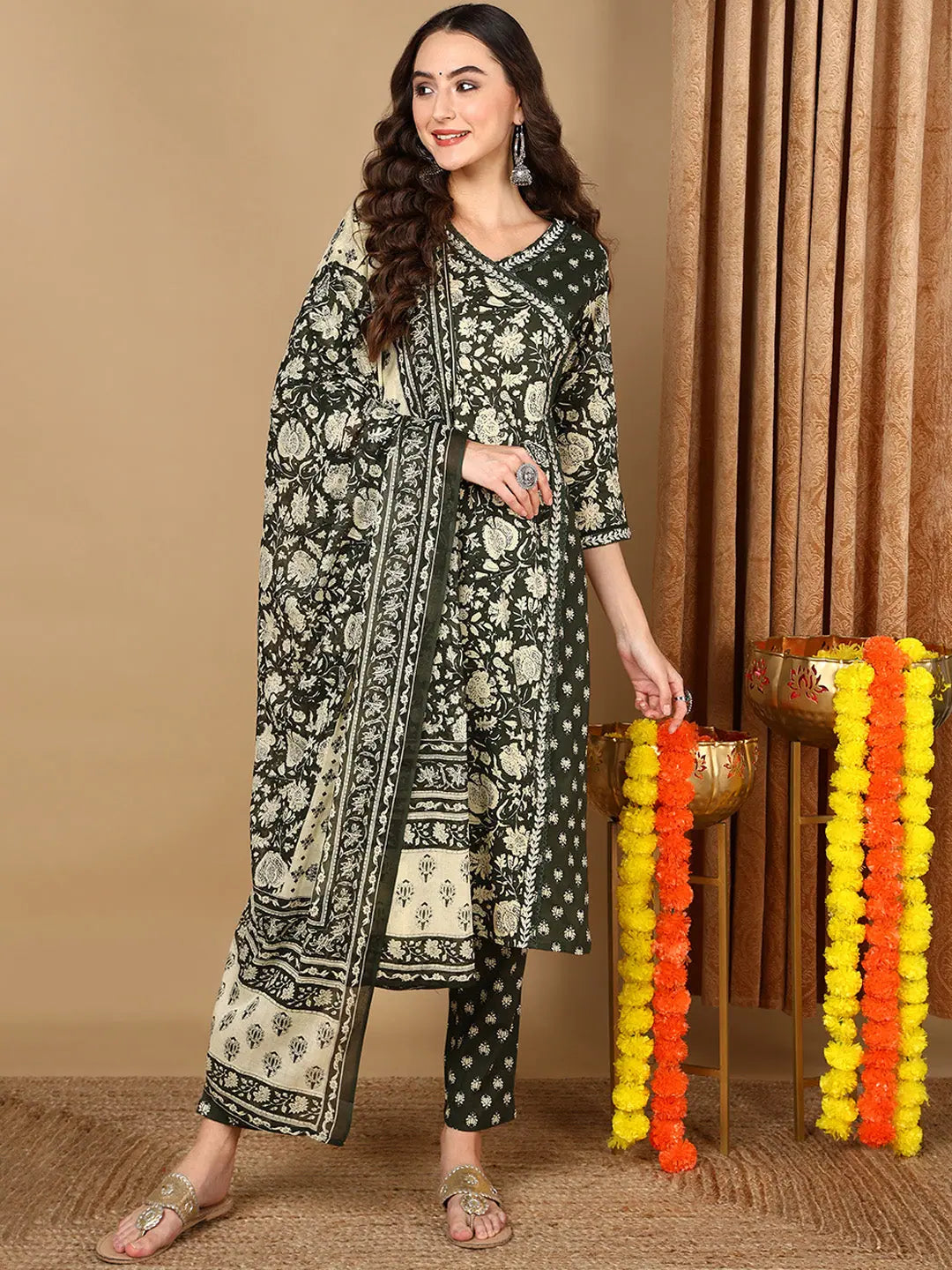 Women Green Cotton Floral Printed Angrakha Kurta Trouser With Dupatta