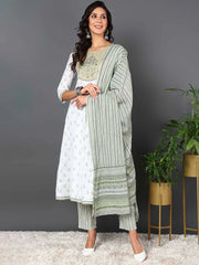 Women Green Pure Cotton Ethnic Motifs Printed Kurta Trouser With Dupatta