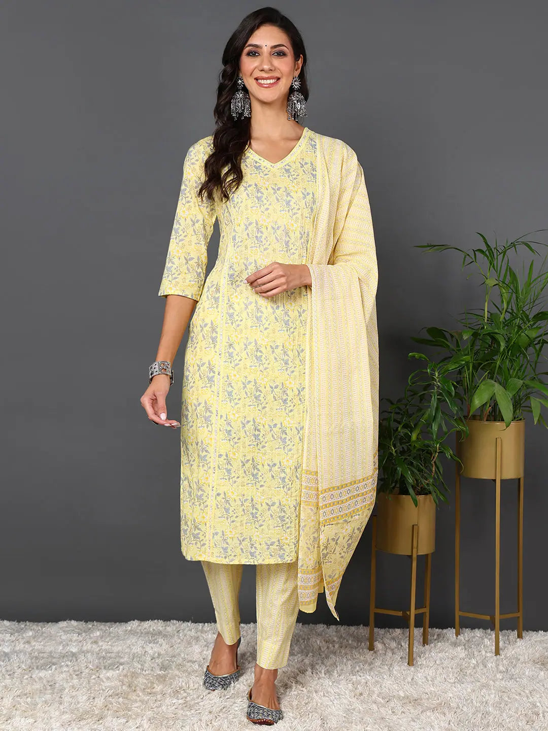 Yellow Floral Cotton Kurta Set with Dupatta | Women's Kurtas