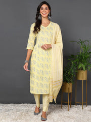 Women Yellow Pure Cotton Floral Printed Kurta Trouser With Dupatta-VKSKD2008