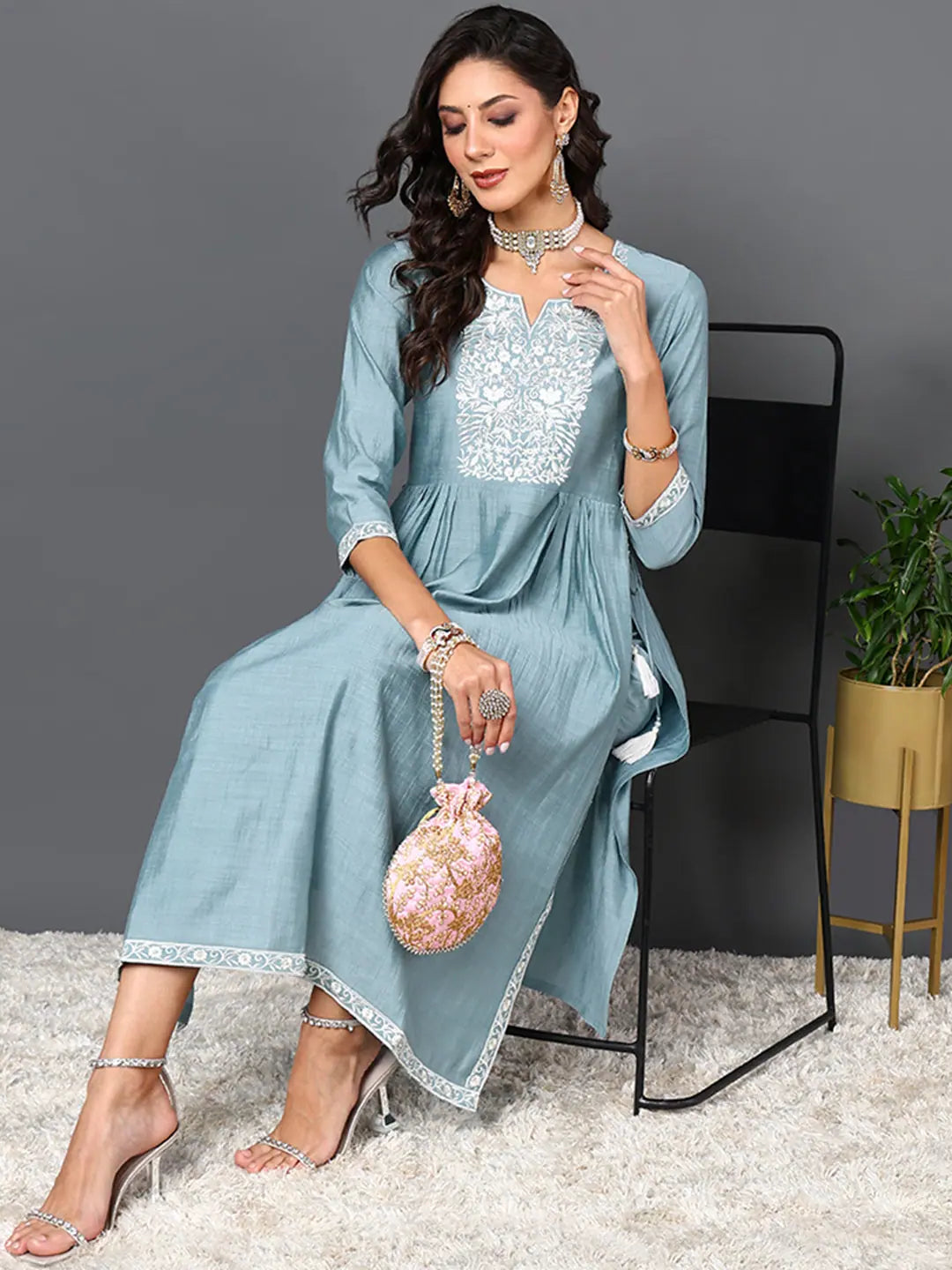 Women Blue Silk Blend Solid Embroidered Kurta with Trouser