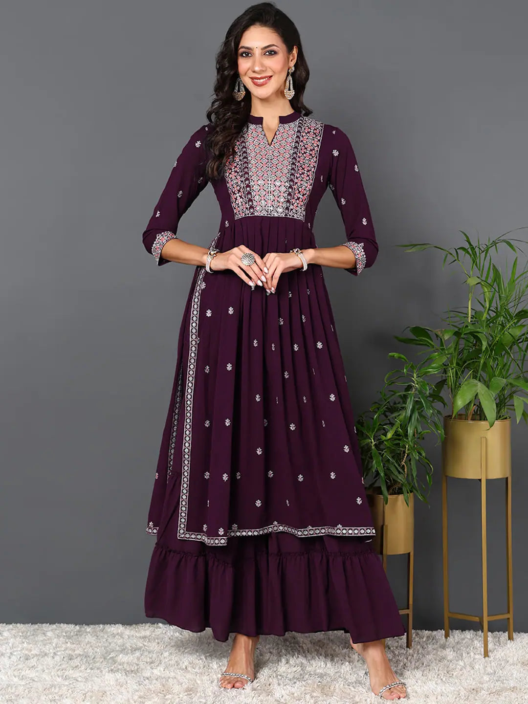 Women Purple Georgette Solid Embroidered Kurta with Palazzo
