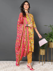 Women Yellow Cotton Blend Floral Printed Kurta Trouser With Dupatta