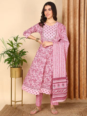 Women Pink Pure Cotton Floral Printed Yoke Design Kurta Trouser With Dupatta-VKSKD2017