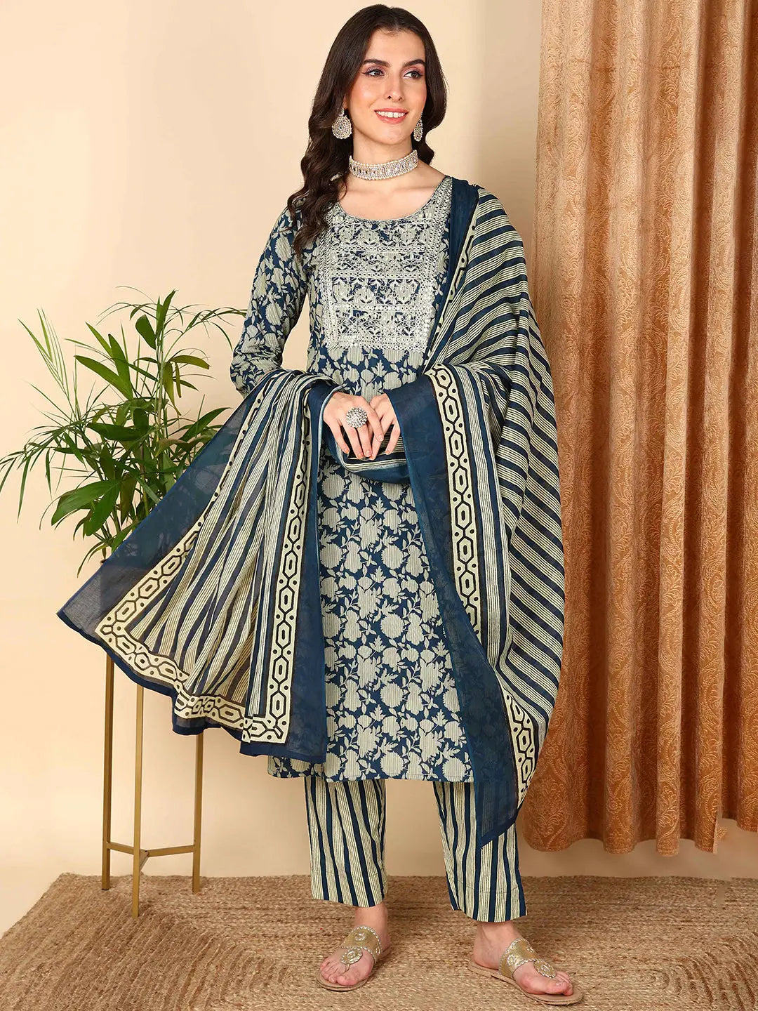 Navy Blue Floral Embroidered Kurta Set | Women's Cotton Kurta