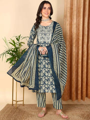 Women Navy Blue Pure Cotton Floral Printed Embroidered Kurta Trouser With Dupatta
