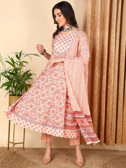 Women Peach Pure Cotton Floral Printd Yoke Design Kurta Trouser With Dupatta