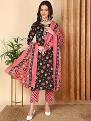 Women Black Cotton Blend Floral Printed Kurta Trouser With Dupatta