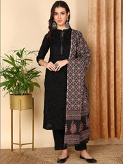 Women Black Pure Cotton Solid Embroidered Kurta Trouser With Dupatta