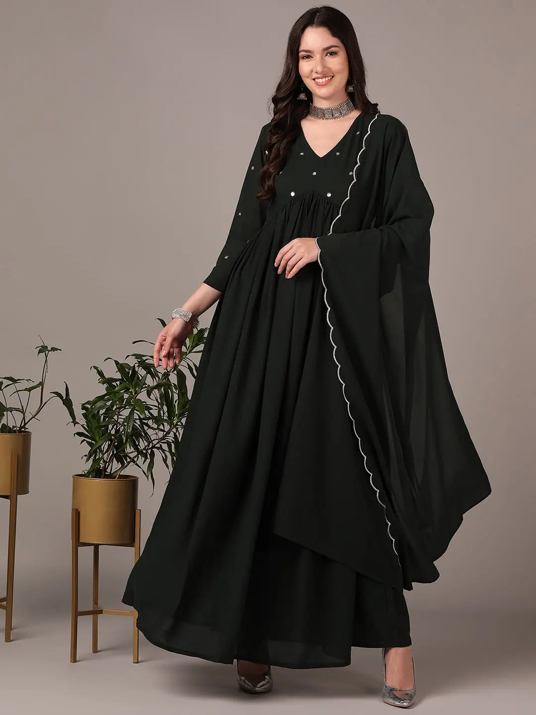 Green Embroidered Georgette Zari Anarkali Kurta with Dupatta