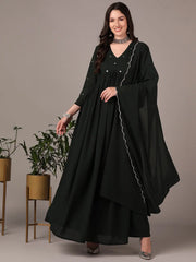 Women Green Georgette Solid Embroidered Zari Anarkali Kurta with Dupatta