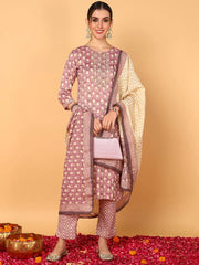 Women Mauve Silk Blend Ethnic Motifs Printed Straight Suit Set