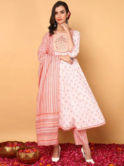 Women Peach Pure Cotton Ethnic Motifs Yoke Design Flared Kurta Trouser With Dupatta