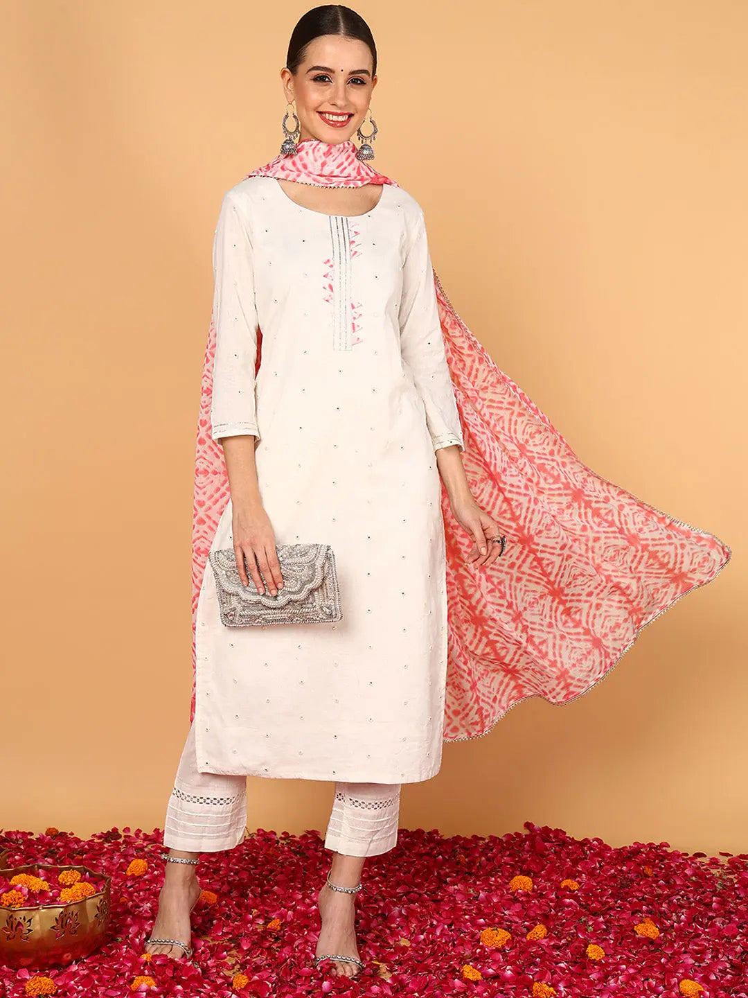 Women White Pure Cotton Solid Embroidered Straight Kurta Trouser With Dupatta-VKSKD1996