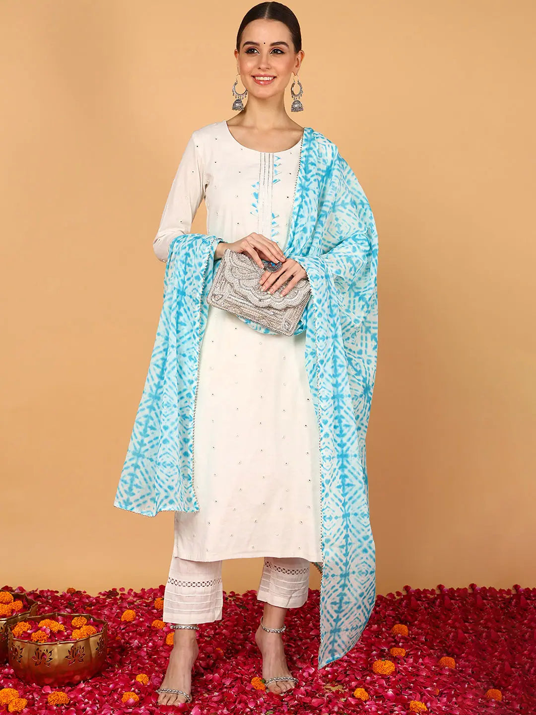 Women White Pure Cotton Solid Embroidered Straight Kurta Trouser With Dupatta-VKSKD1995