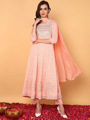 Women Peach Pure Cotton Geometric Embroidered Flared Kurta Trouser With Dupatta