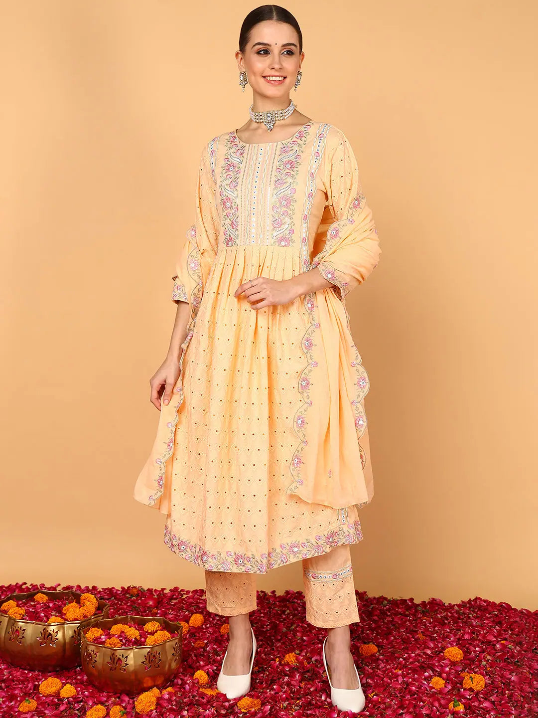 Women Orange Pure Cotton Solid Embroidered Flared Kurta Trouser With Dupatta