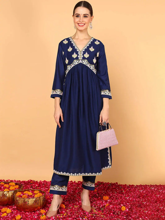 Women Navy Blue Silk Blend Solid Embroidered Flared Kurta with Trouser 1080
