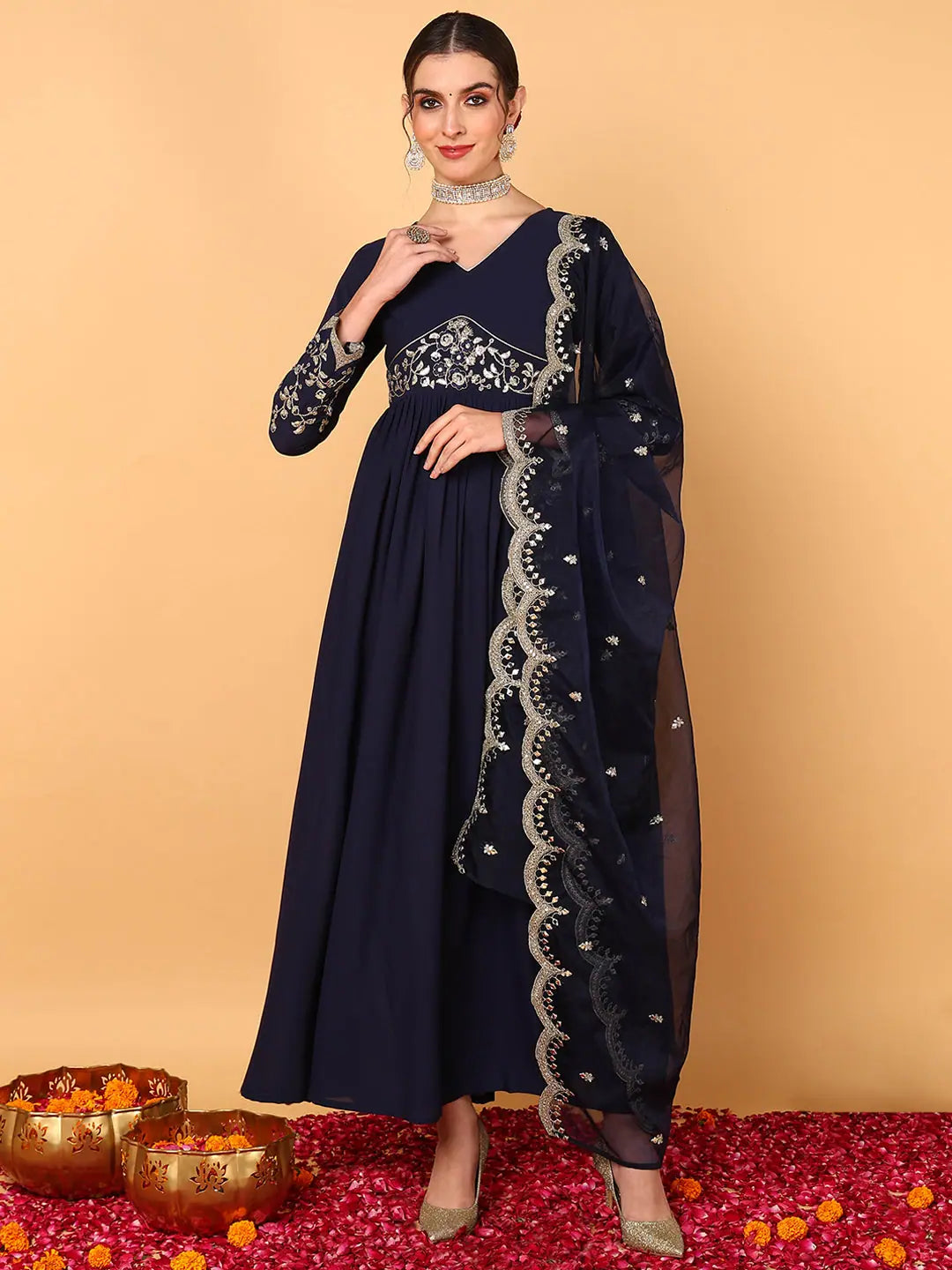 Women Blue Georgette Embroidered Zari Work Flared Kurta with Dupatta