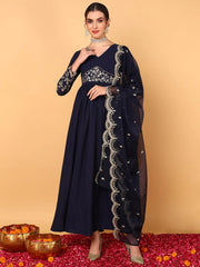 Women Blue Georgette Embroidered Zari Work Flared Kurta with Dupatta