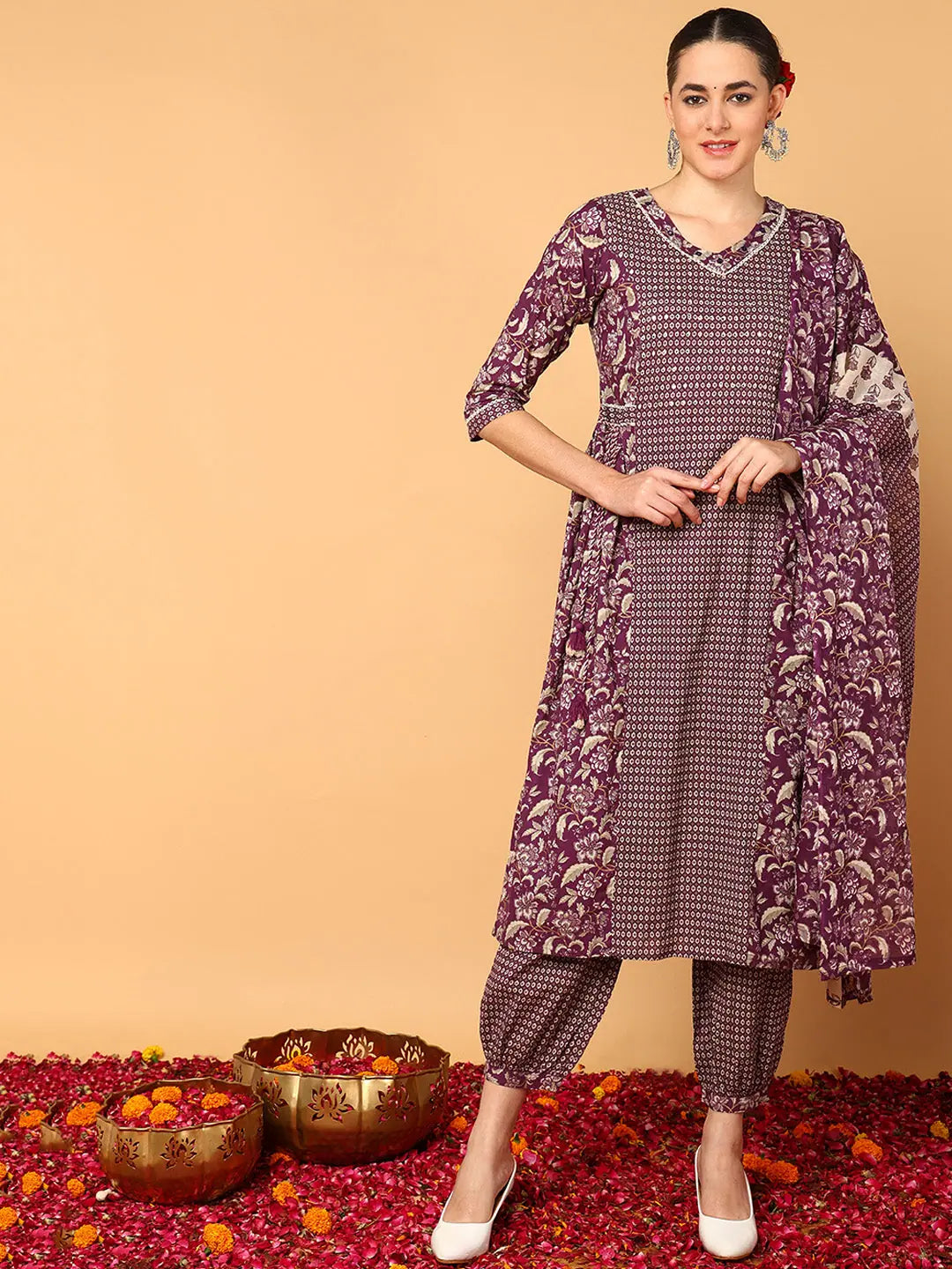 Women Magenta Pure Cotton Floral Printed Flared Kurta Salwar With Dupatta