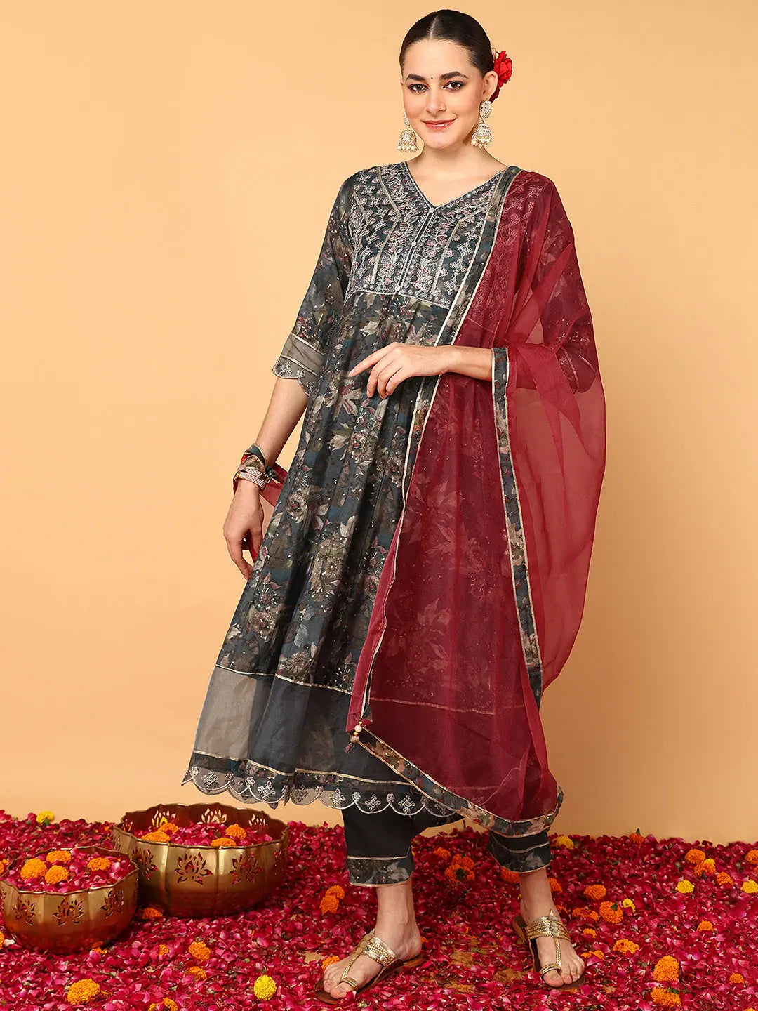 Women Grey Pure Cotton Abstract Printed Flared Kurta Trouser With Dupatta