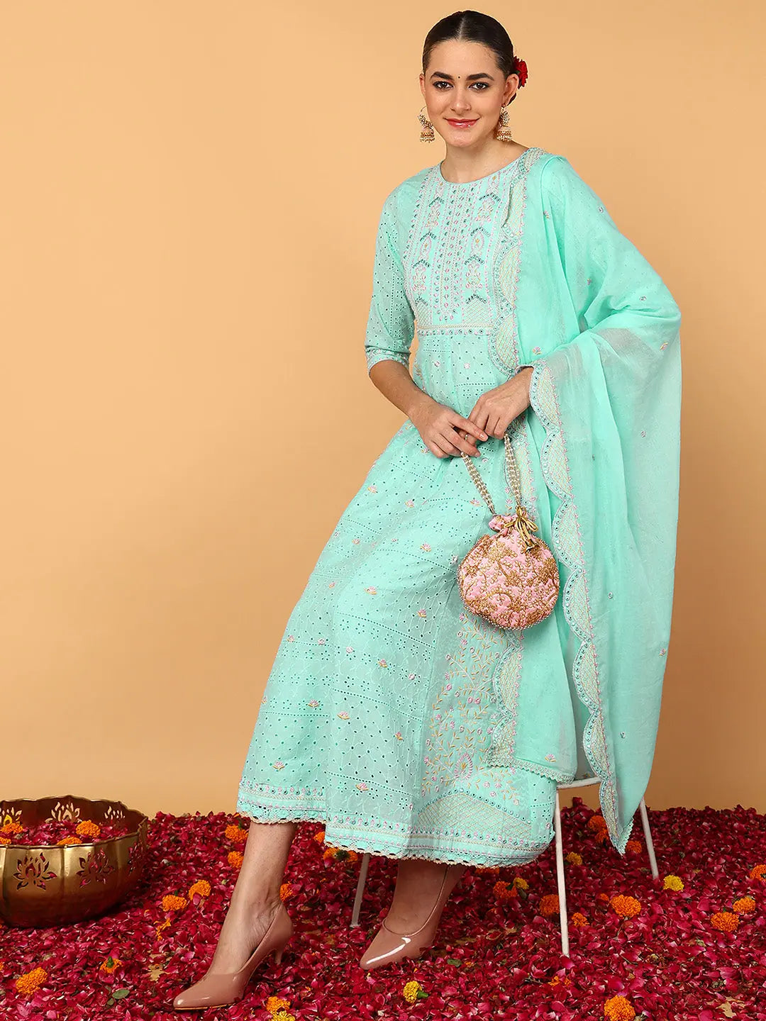 Blue Cotton Embroidered Kurta Set with Dupatta | Indian Kurta ...