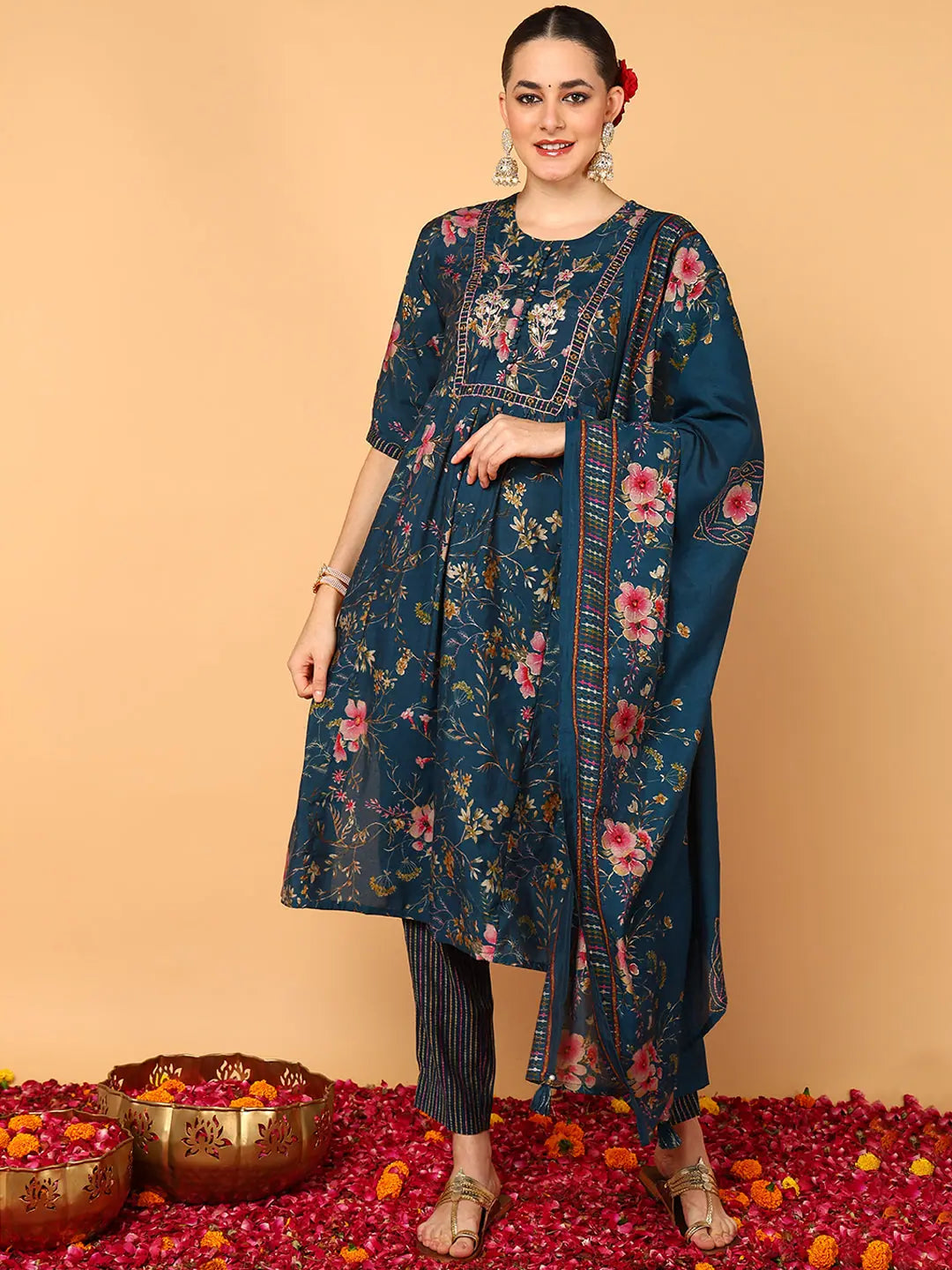 Women Teal Poly Chanderi Floral Printed Flared Kurta Trouser With Dupatta