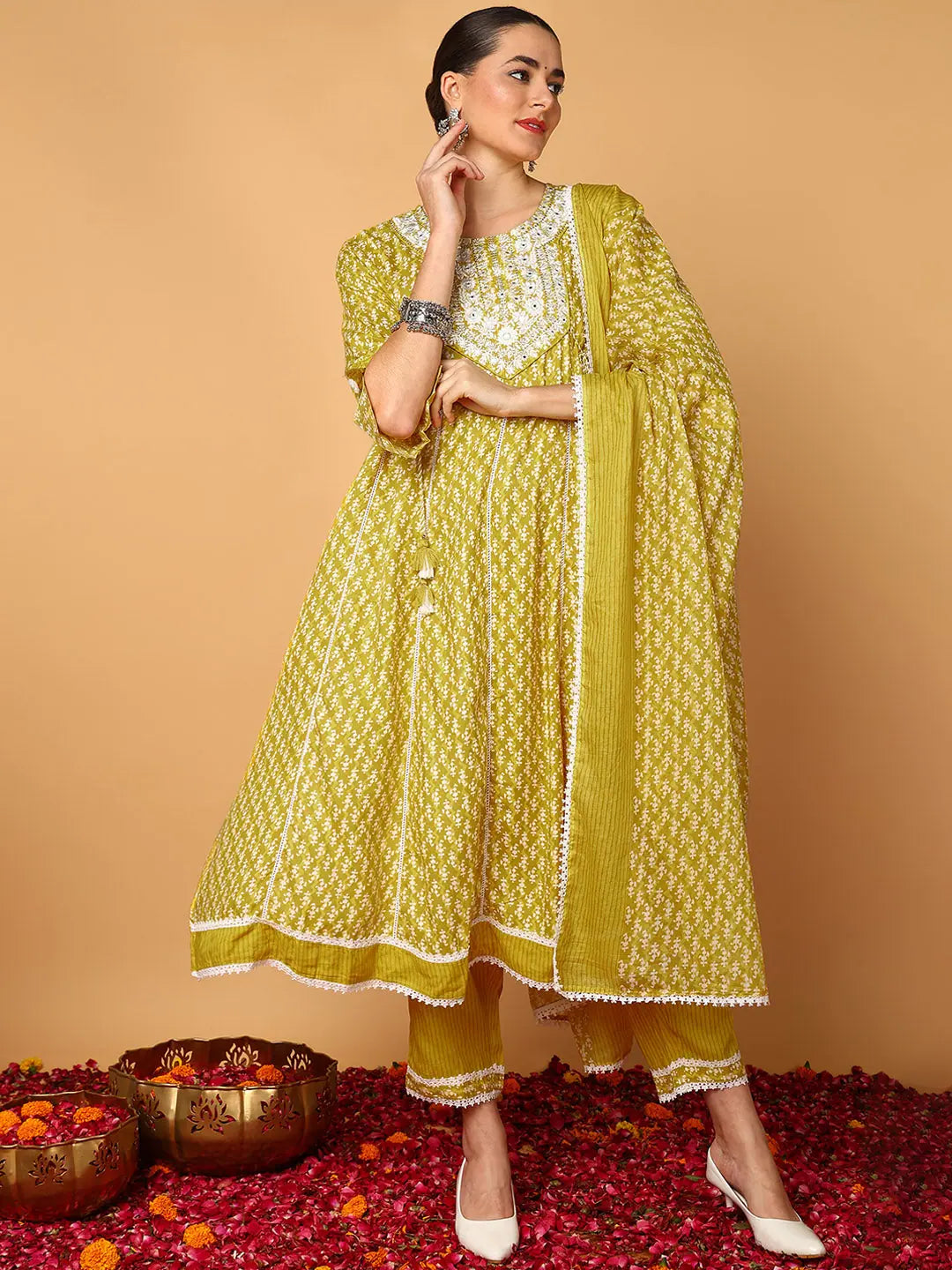 Women Yellow Viscose Rayon Ethnic Motifs Printed Flared Kurta Trouser With Dupatta