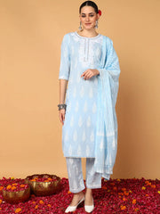 Women Blue Pure Cotton Ethnic Motifs Printed Straight Kurta Trouser With Dupatta-VKSKD2121