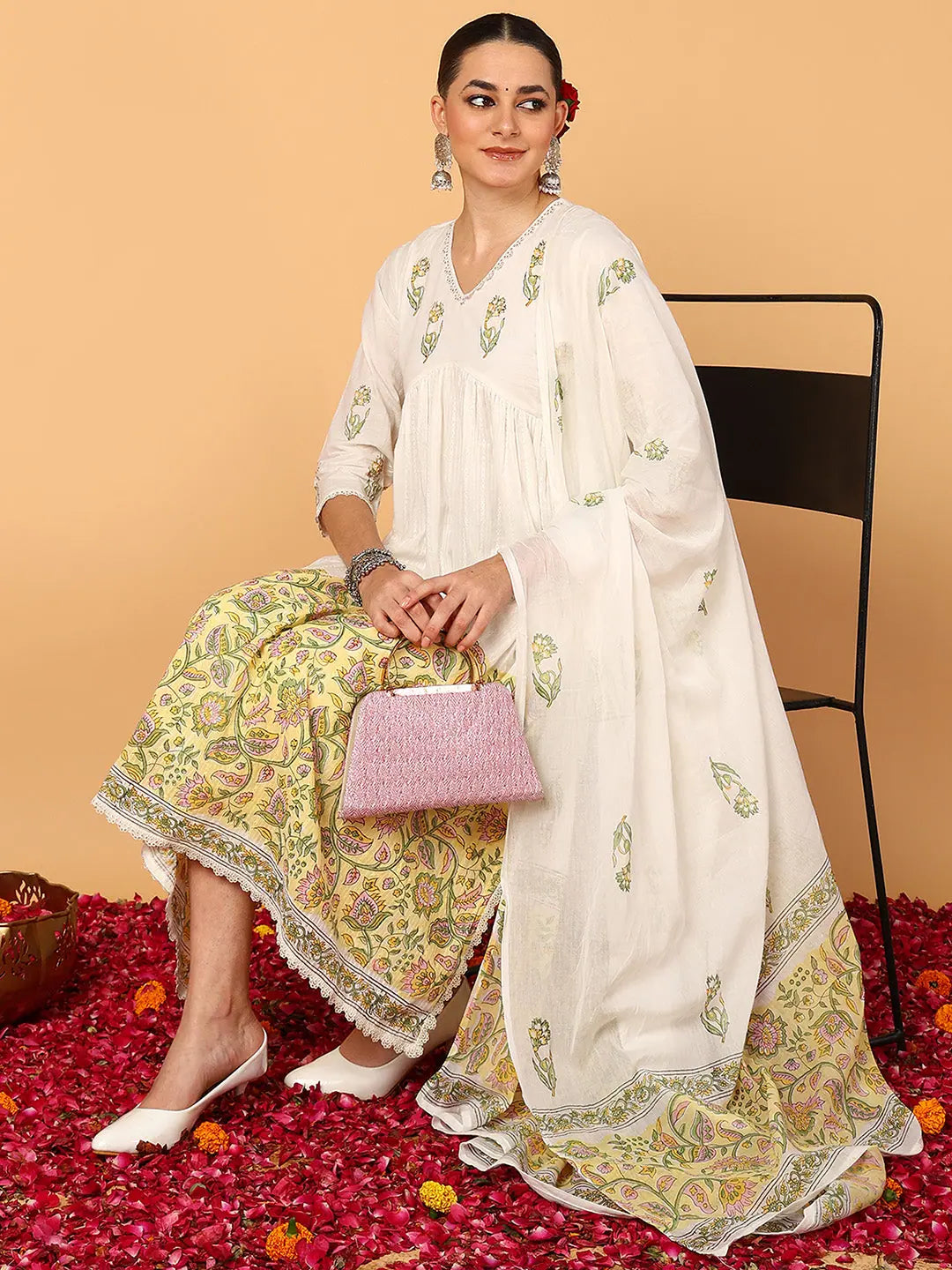 Women Off White Pure Cotton Ethnic Motifs Printed Flared Kurta Trouser With Dupatta