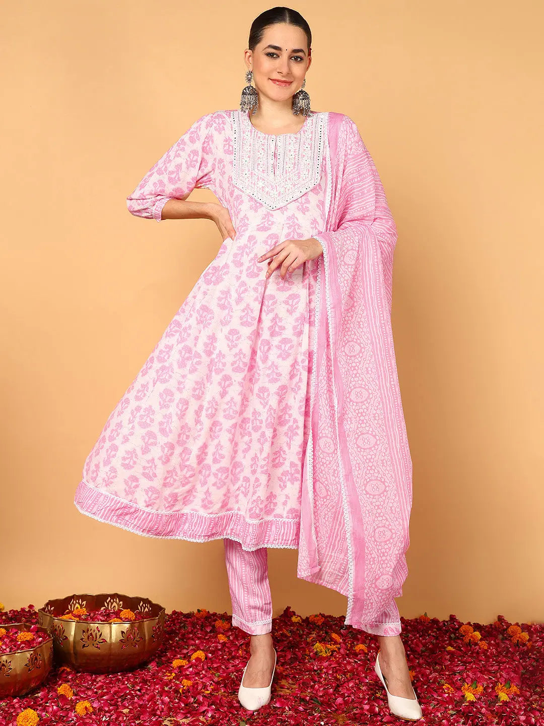 Pink Printed Kurta Trouser Dupatta Set | Women's Kurta Sets