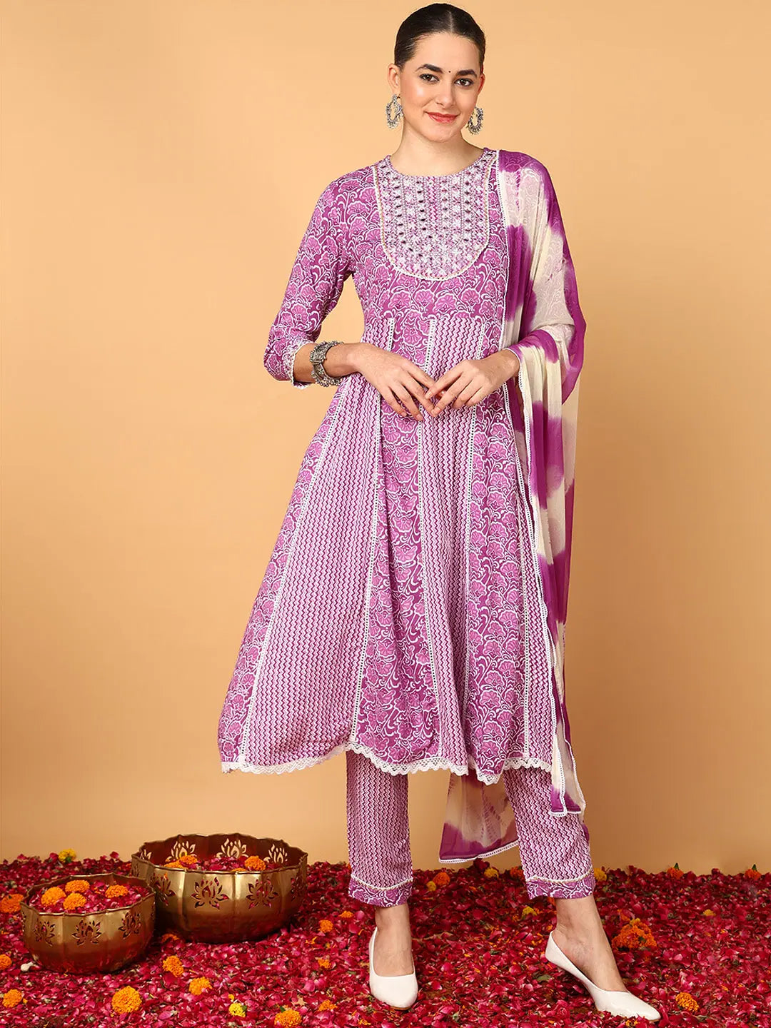 Purple Yoke Design Kurta Trouser Dupatta Set | Indian Kurta Sets