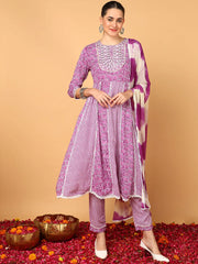 Women Purple Viscose Rayon Ethnic Motifs Yoke Design Flared Kurta Trouser With Dupatta