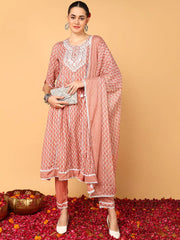 Women Mauve Viscose Rayon Ethnic Motifs Printed Flared Kurta Trouser With Dupatta