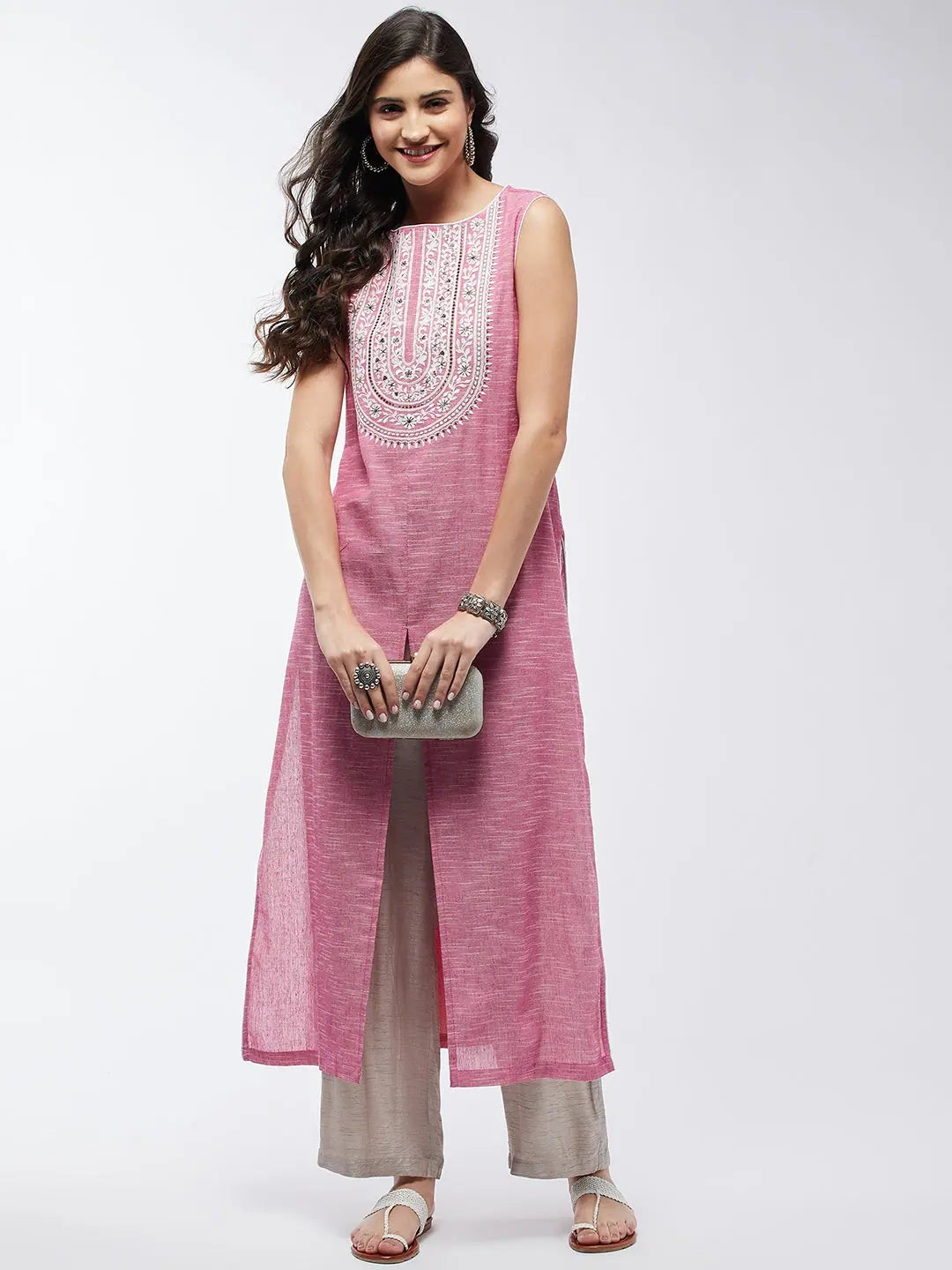 Chambray Embroidered Sleeveless Kurta-PK4485PNK