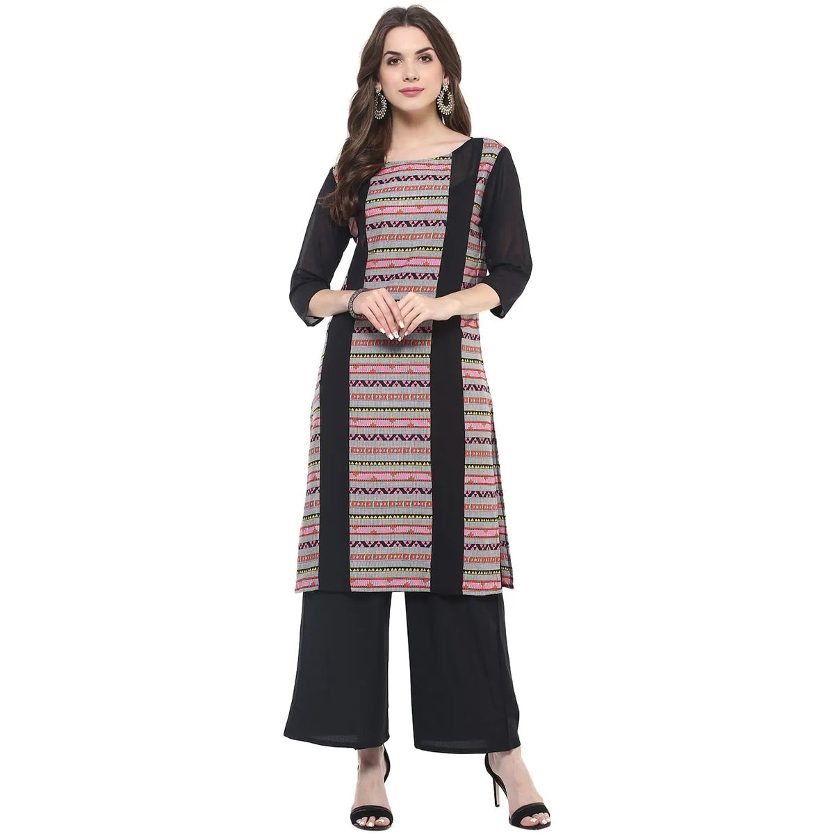 Women's Dull Border Print Sheer Panel Kurti
